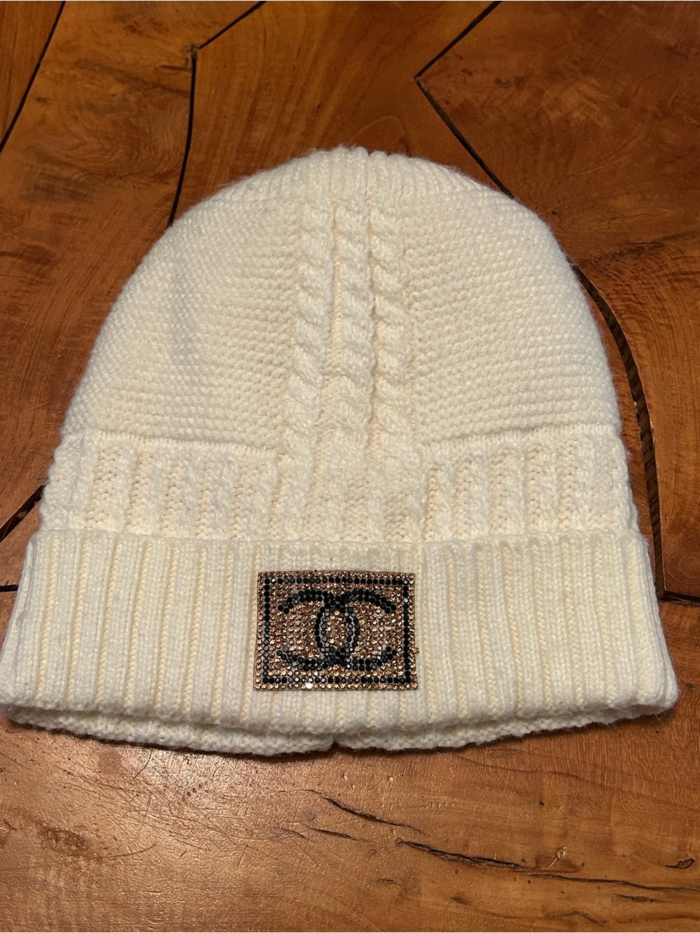 NEW Chanel Studded Bejeweled Logo Beanie Hat Sparkle Ski Snow Designer White